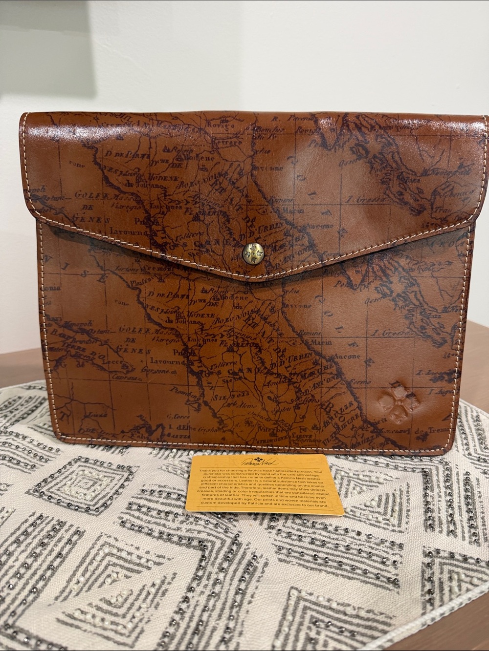 Patricia Nash Riot Rust Brown Leather Envelope Travel Map Print Clutch